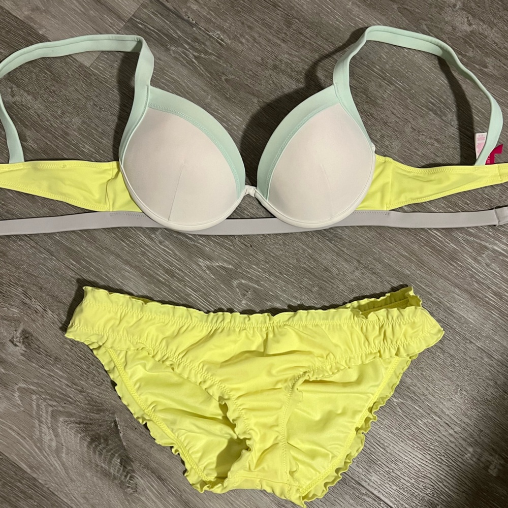 Victoria's Secret Neon Green White & Gray Bikini Set